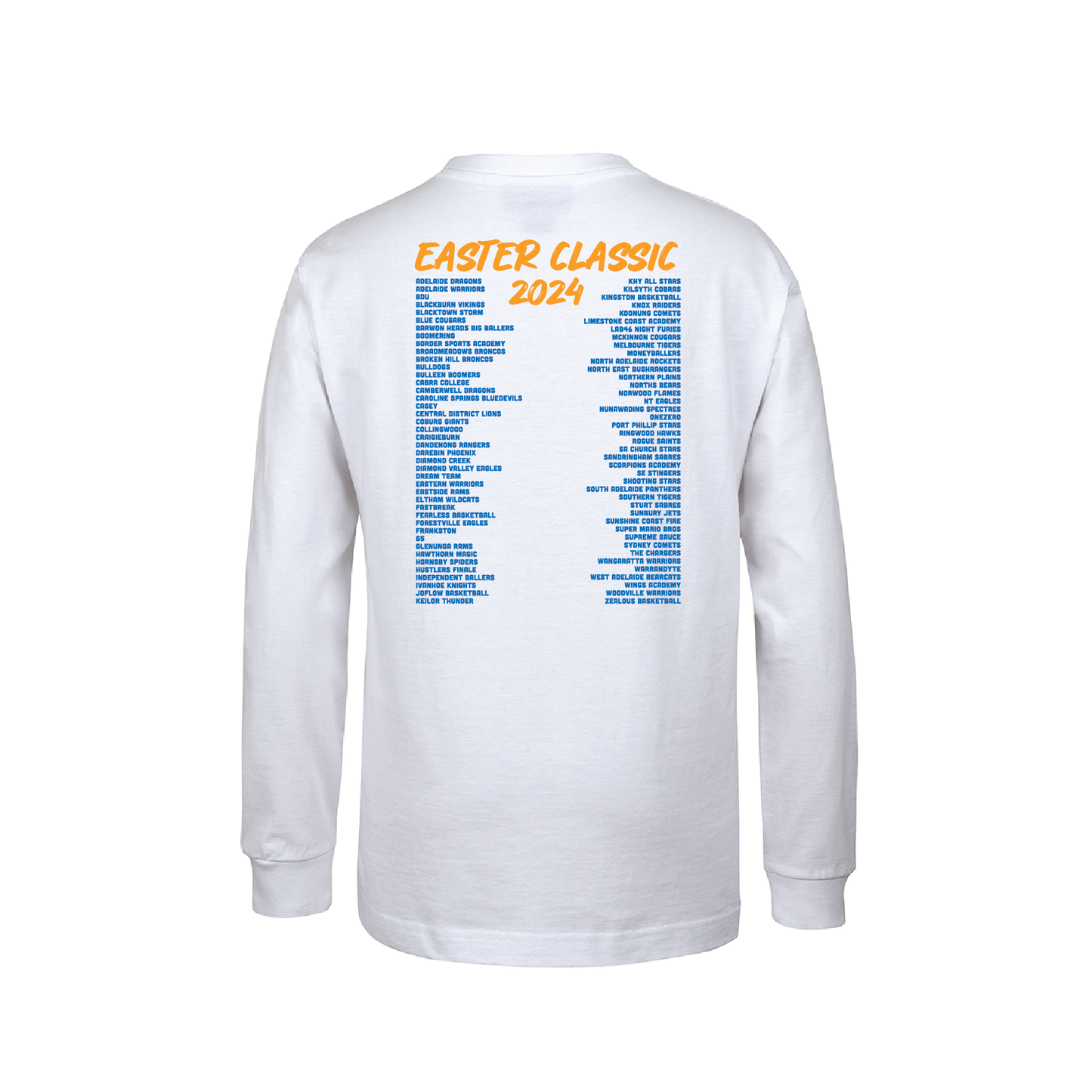 EASTER CLASSIC T-SHIRT WHITE LONG SLEEVE CLUB NAMES ON BACK (available online only)