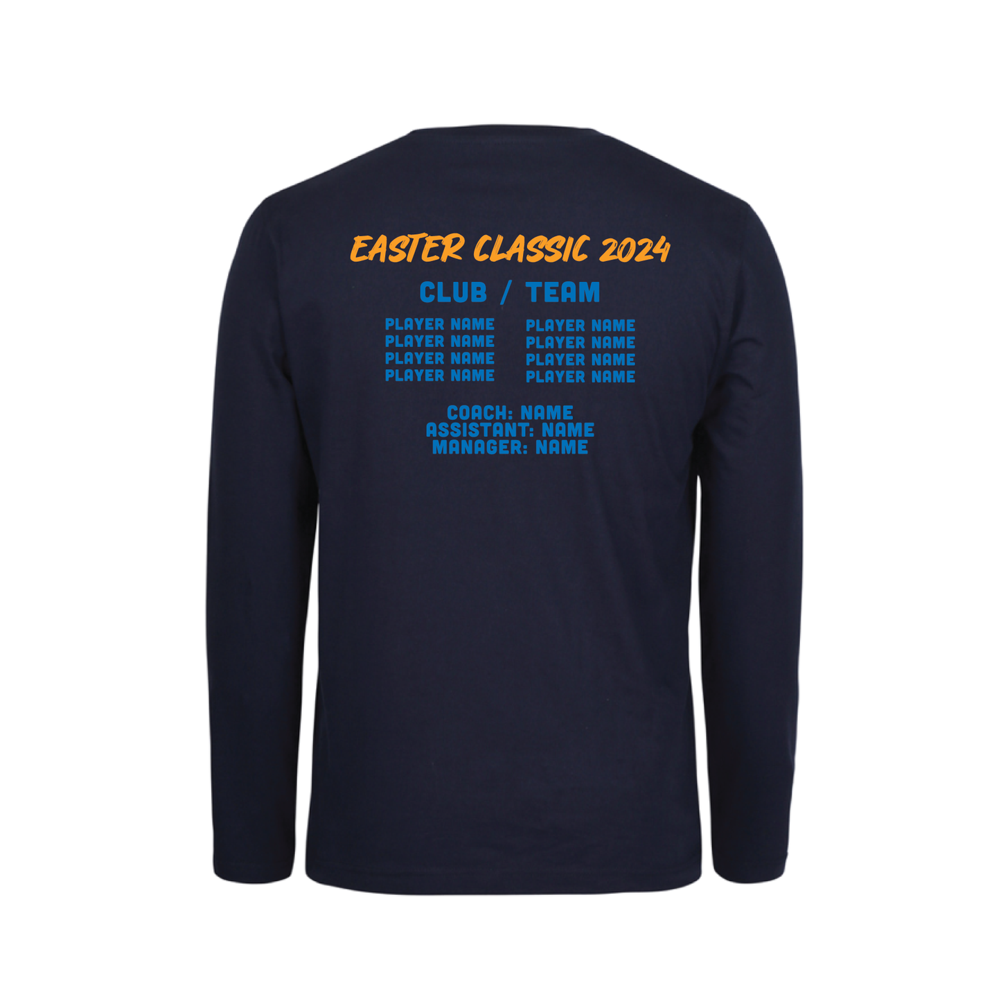 EASTER CLASSIC T-SHIRT NAVY LONG SLEEVE TEAM AND INDIVIDUAL PLAYER NAMES ON BACK (MIN QTY 8+)