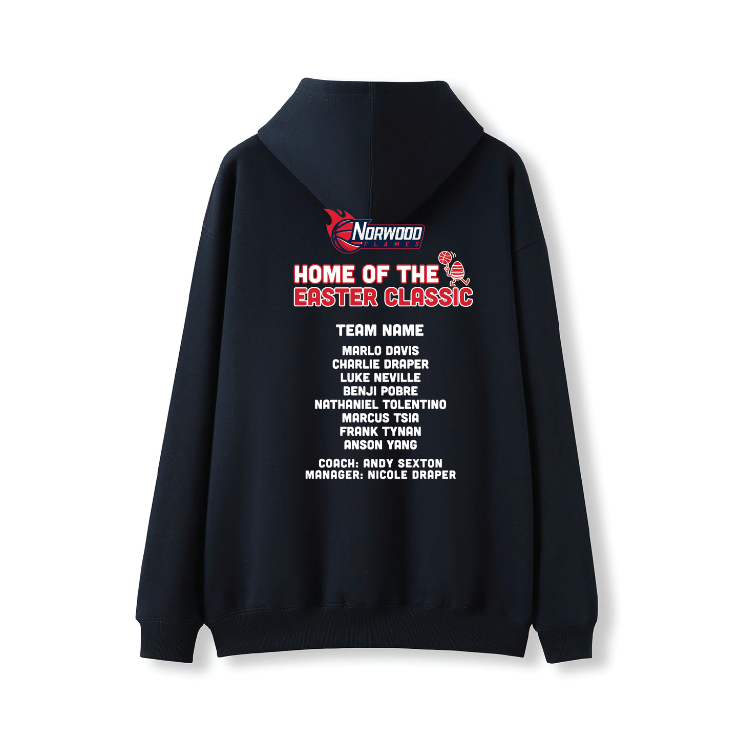 EASTER CLASSIC 2026 HOODIE NORWOOD FLAMES NAVY WITH TEAM & PLAYER NAMES ON BACK