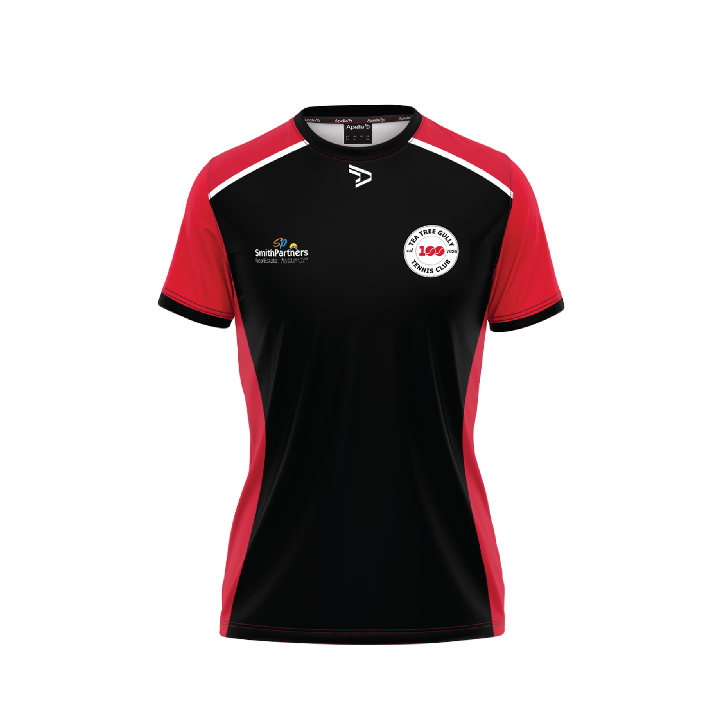 Tea Tree Gully Tennis Club Tee - Red & Black Women's with 100 YEAR Logo (AP260105-W)