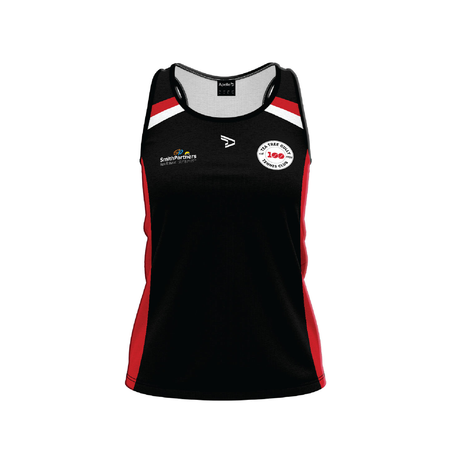 Tea Tree Gully Tennis Club Singlet - Red & Black Women's with 100 YEAR Logo (AP260107)