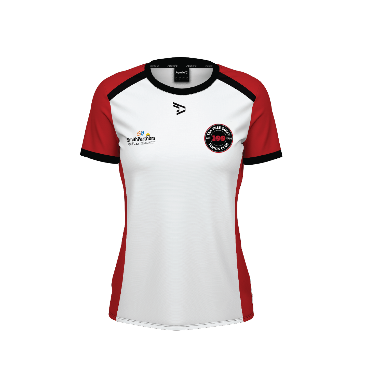 Tea Tree Gully Tennis Club Tee - Red & White Women's with 100 YEAR Logo (AP260110-W)