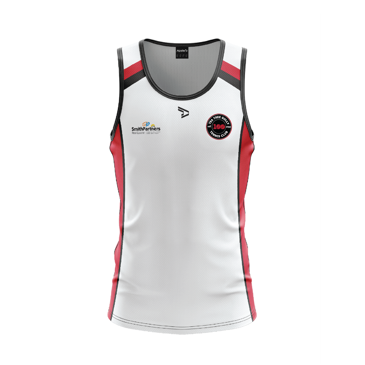 Tea Tree Gully Tennis Club Singlet - Red & White Men's Youth with 100 YEAR Logo (AP260111)