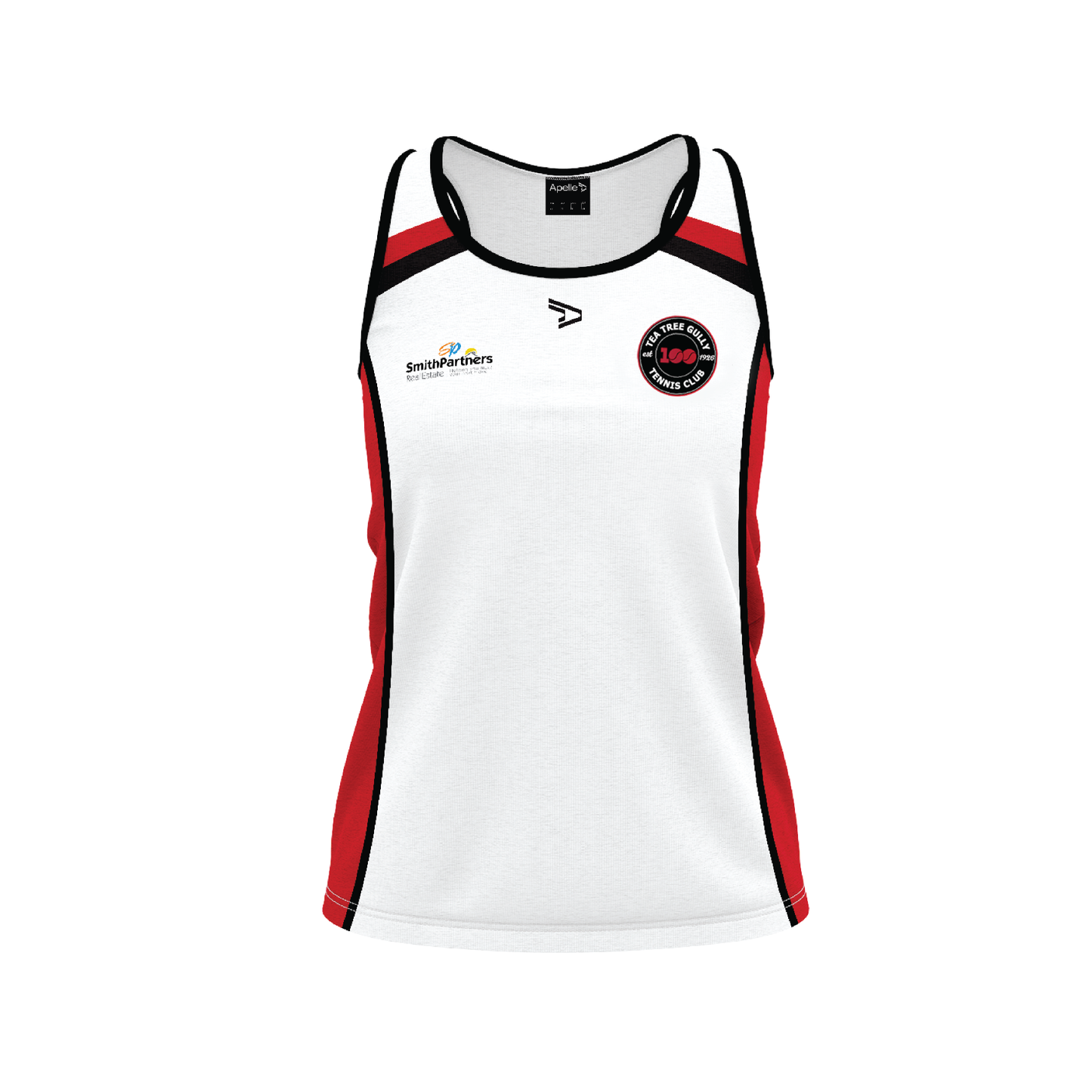 Tea Tree Gully Tennis Club Singlet - Red & White Women's with 100 YEAR Logo (AP260112)