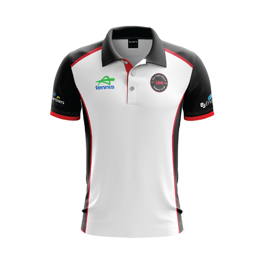 Tea Tree Gully Tennis Club Polo - White & Black Men's Youth with 100 YEAR Logo (AP260351)