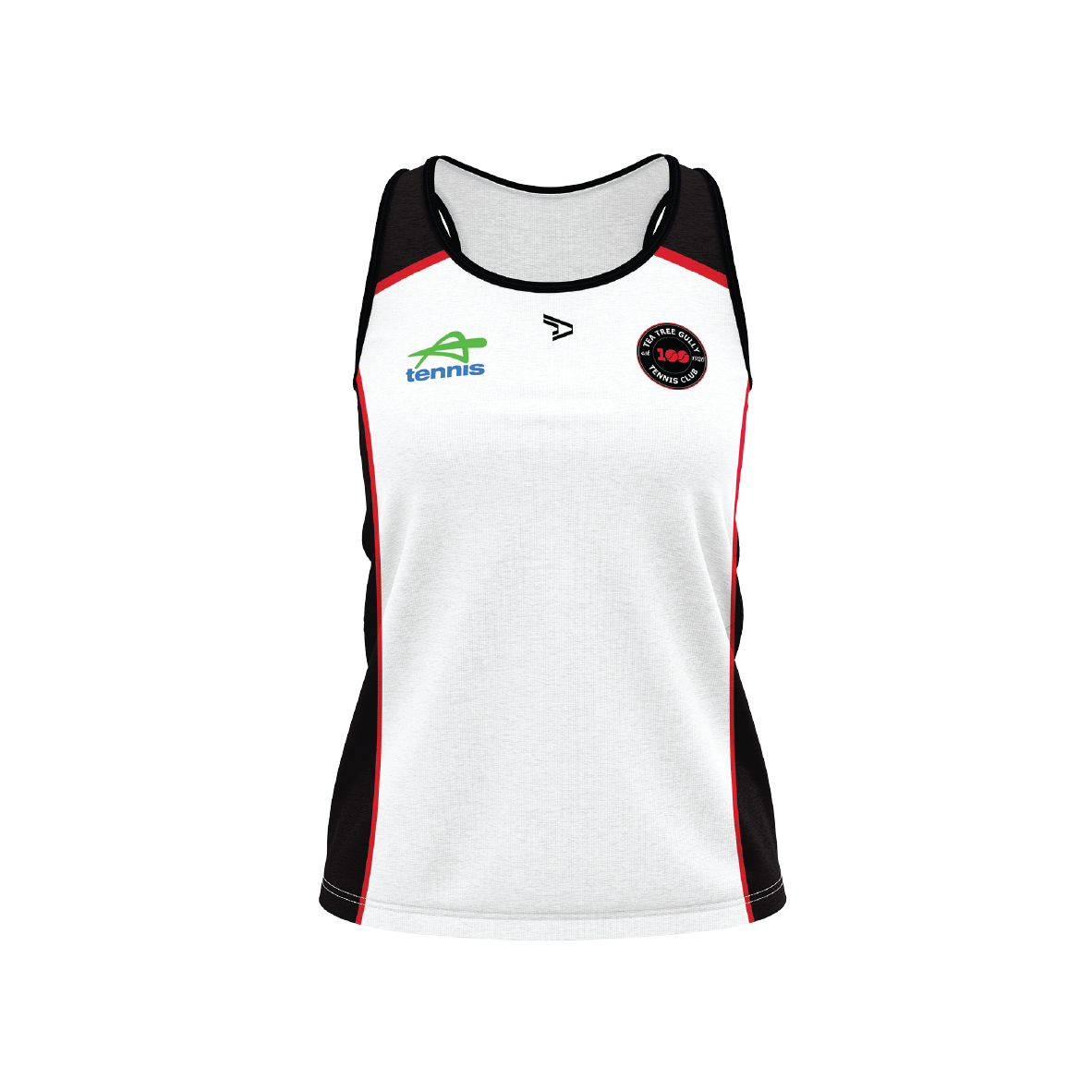 Tea Tree Gully Tennis Club Singlet - White & Black  Women's + 100 YEAR Logo (AP260354)